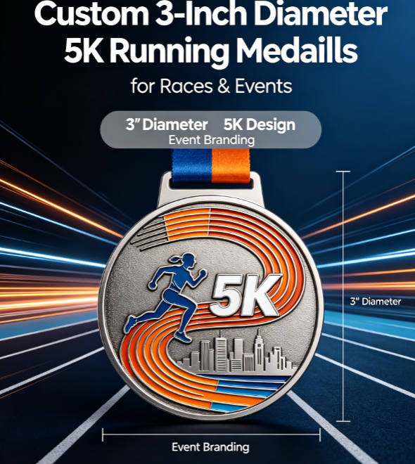 Custom 3-inch diameter 5K running medal with runner design, race logo, and personalized event details