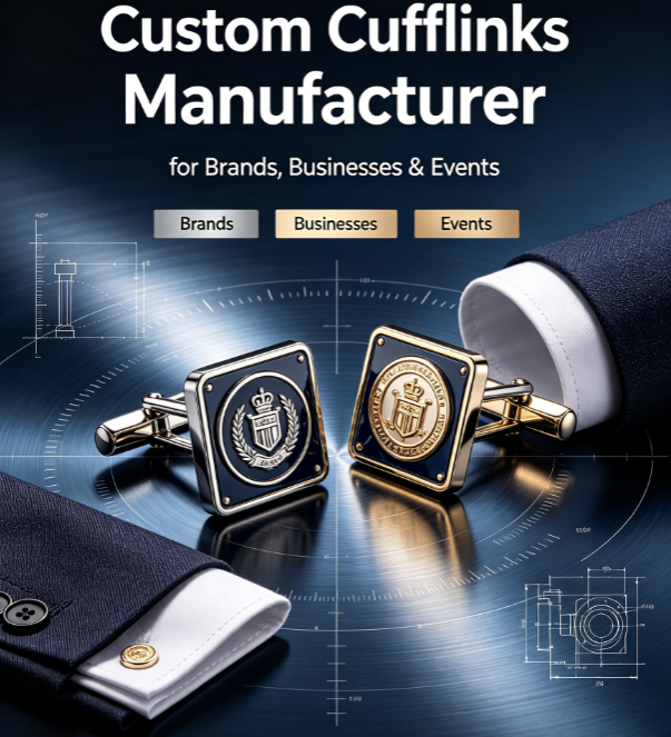 Custom metal cufflinks manufactured for brands, businesses, corporate events, and special occasions