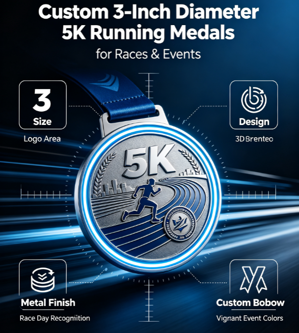 Custom 5K school track and field medal with running athlete, school logo, and sports day design