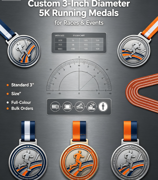 Custom 5K employee running medal featuring a corporate logo, running athlete design, event details, and personalized ribbon for company sports events