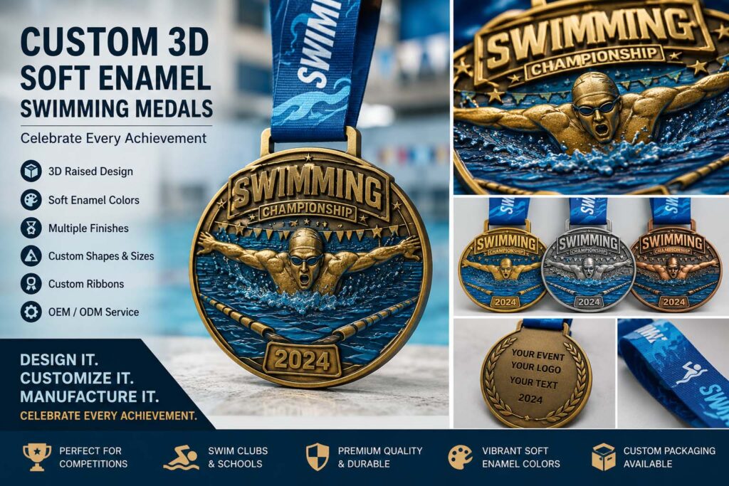 Custom swimming medals manufacturer for swim meets, clubs, schools and championships