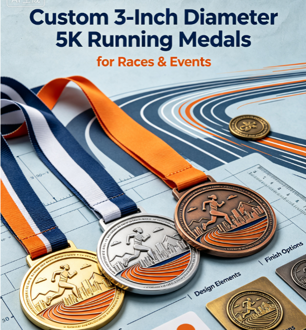 Custom 5K university running medal featuring a university logo, athletic runner design, 5K event details, and personalized ribbon