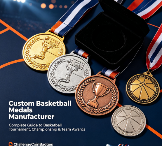 Custom basketball medals manufacturer ChallengeCoinBadges, personalized basketball tournament championship awards with team logo and custom ribbon