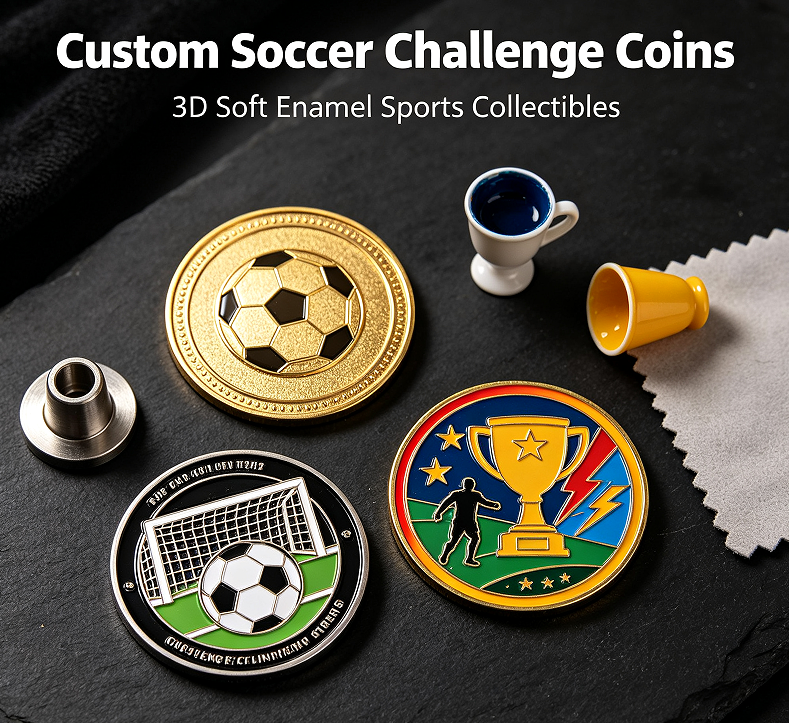 Soft enamel school soccer challenge coin with custom team logo and championship design