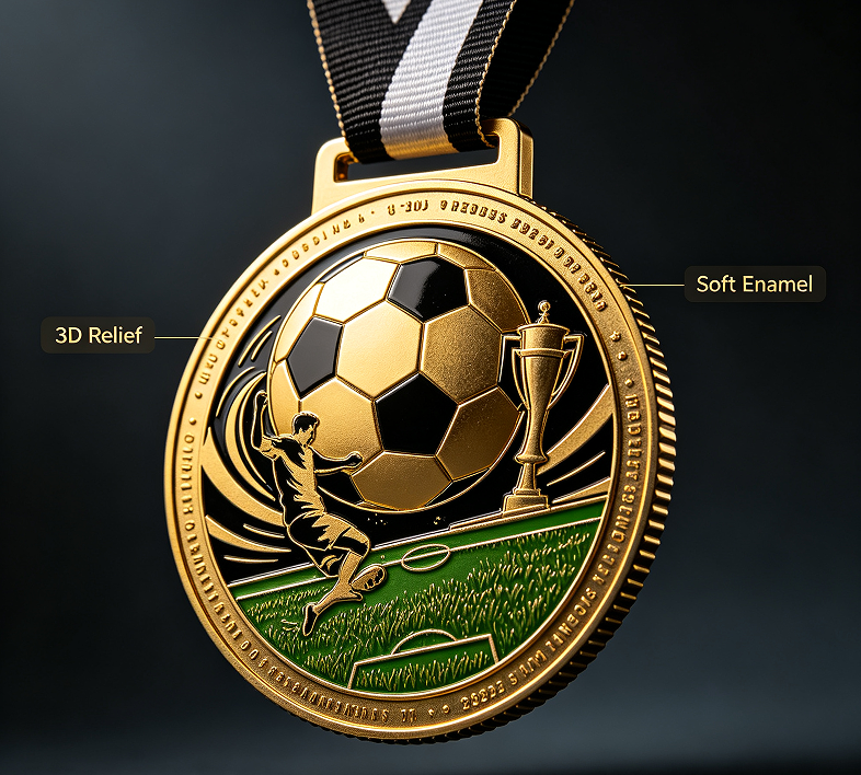 Custom school soccer soft enamel medal with team logo and championship design
